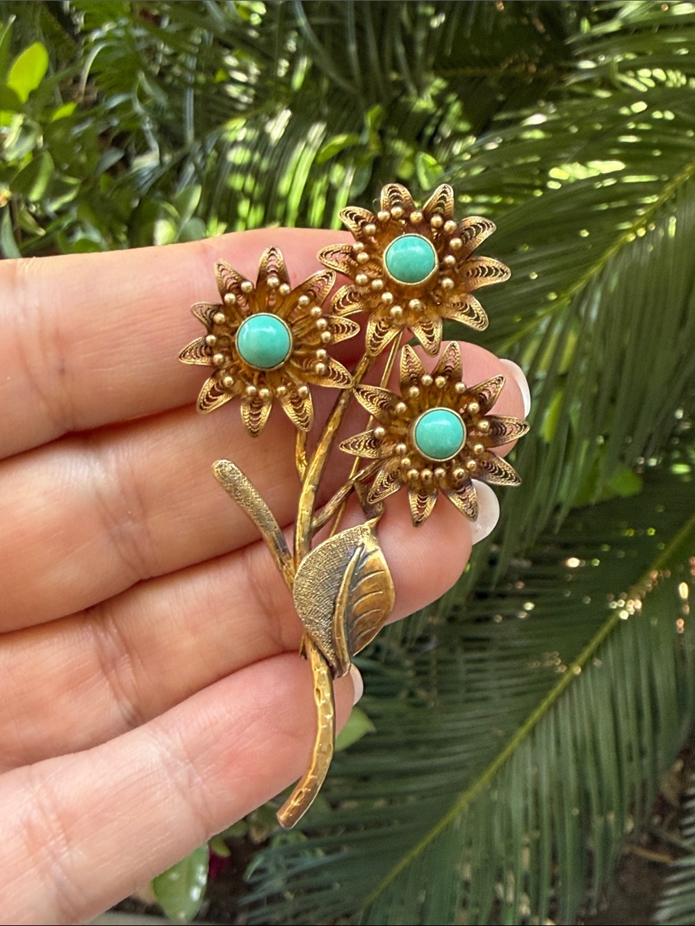 Vintage Floral Brooch with Turquoise Centers - Women Jewelry